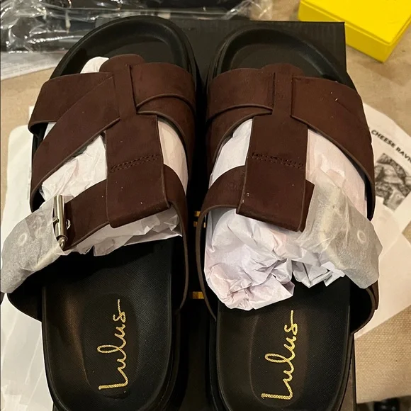 Lulus Surie Chocolate Brown Suede Strappy Flatform Slide Sandals/NIB/Size 8 - Picture 12 of 15